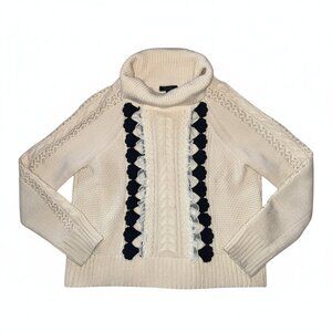 J. Crew Turtleneck Sweater White with Black Ribbon and Lace XS Cottage Twee
